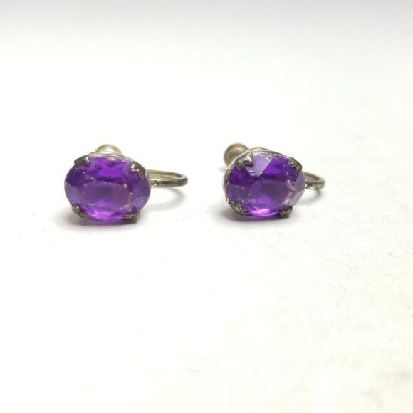 Vintage Sterling Silver Purple Oval Rhinestone Clip On Screw Back Earrings Prong - Picture 6 of 7